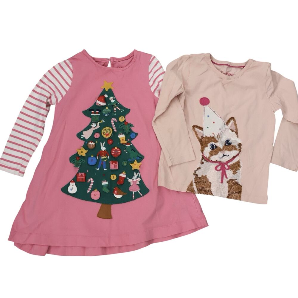 Mini Boden Christmas Advent Calendar Dress & Cat Pink Long Sleeve Shirt Lot 4-5Y